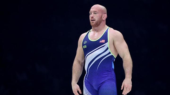 Kyle Snyder walks onto the mat for the 97 KG freestyle final at the 2024 U.S. Olympic Wrestling Trials in State College. 