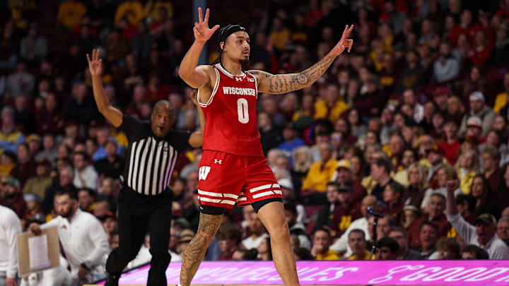 Jan 13, 2026; Minneapolis, Minnesota, USA; Wisconsin Badgers guard Braeden Carrington (0) celebrates his three-point basket against the Minnesota Golden Gophers during the first half at Williams Arena. Mandatory Credit: Matt Krohn-Imagn Images Jan 13, 2026; Minneapolis, Minnesota, USA; Wisconsin Badgers guard Braeden Carrington (0) celebrates his three-point basket against the Minnesota Golden Gophers during the first half at Williams Arena. Mandatory Credit: Matt Krohn-Imagn Images