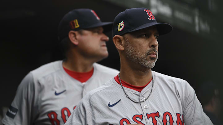 Aug 16, 2024; Baltimore, Maryland, USA; Boston Red Sox manager Alex Cora (13) stands first base coach Andy Fox (81) in the dugout during the first inning of the game against the Baltimore Orioles at Oriole Park at Camden Yards. Mandatory Credit: Tommy Gilligan-Imagn Images Aug 16, 2024; Baltimore, Maryland, USA; Boston Red Sox manager Alex Cora (13) stands first base coach Andy Fox (81) in the dugout during the first inning of the game against the Baltimore Orioles at Oriole Park at Camden Yards. Mandatory Credit: Tommy Gilligan-Imagn Images