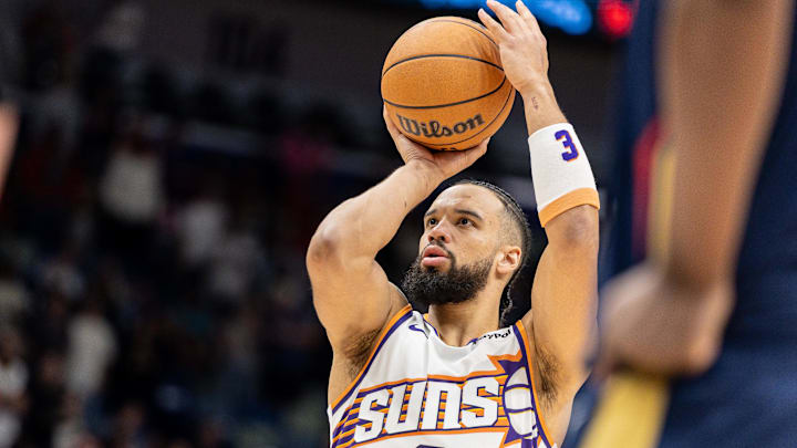 Dec 27, 2025; New Orleans, Louisiana, USA;  Phoenix Suns guard/forward Dillon Brooks (3) shoots a free throw against the New Orleans Pelicans during the first half at Smoothie King Center. Mandatory Credit: Stephen Lew-Imagn Images