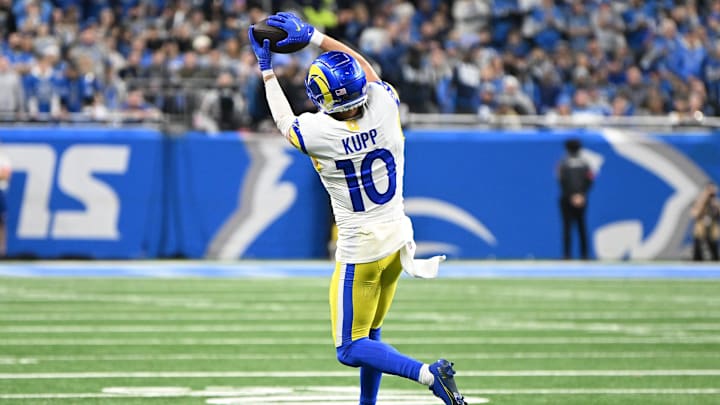 Jan 14, 2024; Detroit, Michigan, USA; Los Angeles Rams wide receiver Cooper Kupp (10) makes a catch during the second half of a 2024 NFC wild card game against the Detroit Lions at Ford Field. Mandatory Credit: Lon Horwedel-Imagn Images