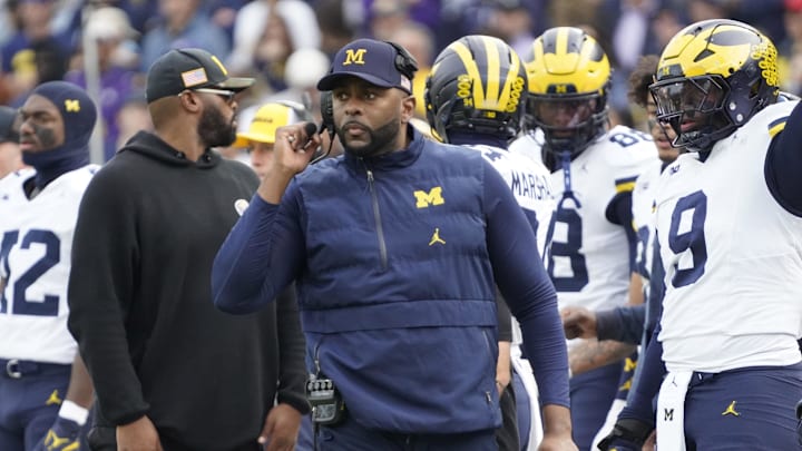 Nov 15, 2025; Chicago, Illinois, USA; Michigan Wolverines head coach Sherrone Moore on the sidelines against the Northwestern Wildcats during the first half at Wrigley Field. Mandatory Credit: David Banks-Imagn Images