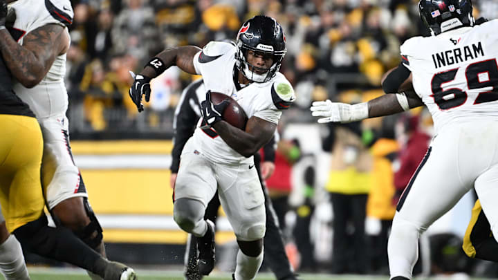 Jan 12, 2026; Pittsburgh, PA, USA; Houston Texans running back Woody Marks (27) runs during the second half of an AFC Wild Card Round game against the Pittsburgh Steelers at Acrisure Stadium. Mandatory Credit: Barry Reeger-Imagn Images Jan 12, 2026; Pittsburgh, PA, USA; Houston Texans running back Woody Marks (27) runs during the second half of an AFC Wild Card Round game against the Pittsburgh Steelers at Acrisure Stadium. Mandatory Credit: Barry Reeger-Imagn Images