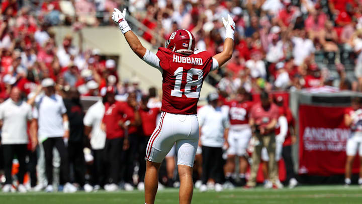 Sep 13, 2025; Tuscaloosa, Alabama, USA; Alabama Crimson Tide defensive back Bray Hubbard (18) entertains the crowd during the second quarter against the Wisconsin Badgers at Saban Field at Bryant-Denny Stadium. Mandatory Credit: David Leong-Imagn Images