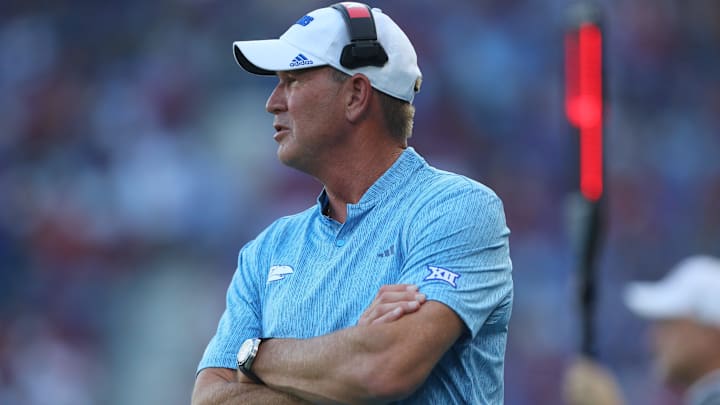 Kansas Jayhawks head coach Lance Leipold looks on during the first half of the game against Lindenwood Lions Thursday, August 29, 2024 at Children's Mercy Park.