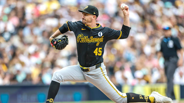 Jun 1, 2025; San Diego, California, USA; Pittsburgh Pirates starting pitcher Andrew Heaney (45) throws a pitch during the fifth inning against the San Diego Padres at Petco Park. Mandatory Credit: David Frerker-Imagn Images Jun 1, 2025; San Diego, California, USA; Pittsburgh Pirates starting pitcher Andrew Heaney (45) throws a pitch during the fifth inning against the San Diego Padres at Petco Park. Mandatory Credit: David Frerker-Imagn Images