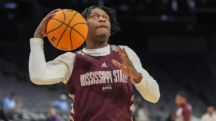 Mar 20, 2024; Charlotte, NC, USA; Mississippi State Bulldogs guard Trey Fort (11) during practices at Spectrum Center. Mandatory Credit: Jim Dedmon-Imagn Images