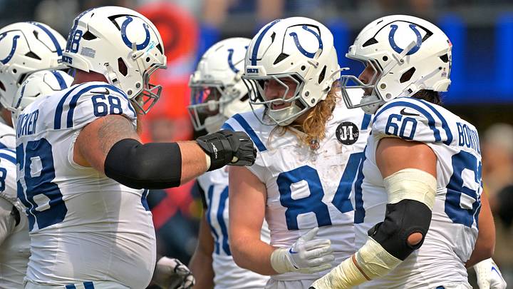 Sep 28, 2025; Inglewood, California, USA; Indianapolis Colts tight end Tyler Warren (84) is congratulated by guard Dalton Tucker (68) and center Tanor Bortolini (60) after a touchdown in the first half against the Los Angeles Rams at SoFi Stadium. Mandatory Credit: Jayne Kamin-Oncea-Imagn Images Sep 28, 2025; Inglewood, California, USA; Indianapolis Colts tight end Tyler Warren (84) is congratulated by guard Dalton Tucker (68) and center Tanor Bortolini (60) after a touchdown in the first half against the Los Angeles Rams at SoFi Stadium. Mandatory Credit: Jayne Kamin-Oncea-Imagn Images