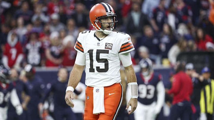 Dec 24, 2023; Houston, Texas, USA; Cleveland Browns quarterback Joe Flacco (15) reacts after a touchdown during the first quarter Houston Texans at NRG Stadium. Mandatory Credit: Troy Taormina-Imagn Images