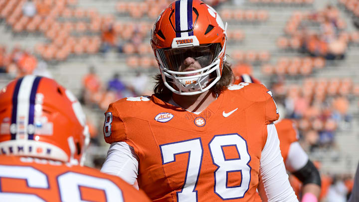 Clemson Tigers offensive lineman Blake Miller looks on during warm ups prior to the game against Virginia.