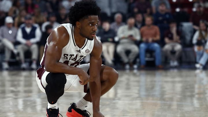 Mar 4, 2025; Starkville, Mississippi, USA; Mississippi State Bulldogs guard Josh Hubbard (12) looks on during the first half against the Texas Longhorns at Humphrey Coliseum. Mandatory Credit: Petre Thomas-Imagn Images