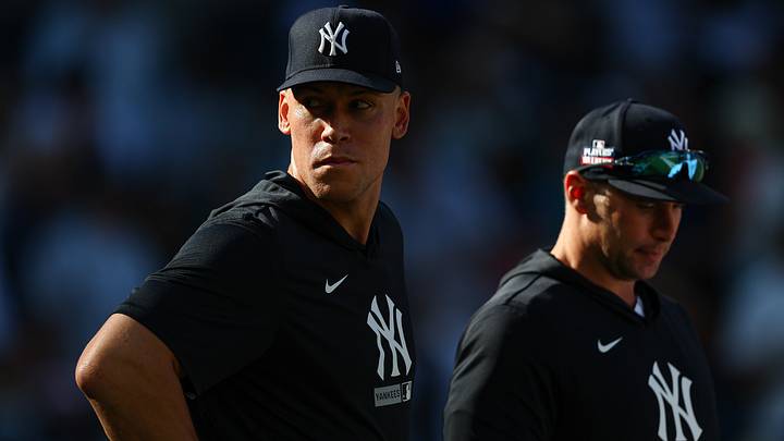 Aug 23, 2026; Bronx, New York, USA; New York Yankees injured right fielder Aaron Judge (99) looks back after the game against the Toronto Blue Jays at Yankee Stadium. Mandatory Credit: Vincent Carchietta-Imagn Images