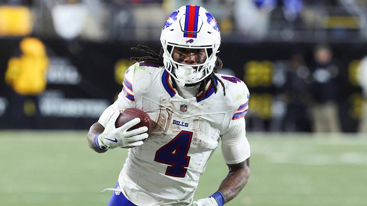 Buffalo Bills running back James Cook III (4) rushes during the fourth quarter against the Pittsburgh Steelers at Acrisure Stadium. Buffalo Bills running back James Cook III (4) rushes during the fourth quarter against the Pittsburgh Steelers at Acrisure Stadium.