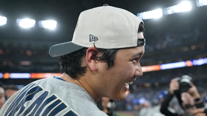 Nov 1, 2025; Toronto, Ontario, CAN; Los Angeles Dodgers two-way player Shohei Ohtani (17) reacts after defeating the Toronto Blue Jays in the eleventh inning for game seven of the 2025 MLB World Series at Rogers Centre. Mandatory Credit: Nick Turchiaro-Imagn Images Nov 1, 2025; Toronto, Ontario, CAN; Los Angeles Dodgers two-way player Shohei Ohtani (17) reacts after defeating the Toronto Blue Jays in the eleventh inning for game seven of the 2025 MLB World Series at Rogers Centre. Mandatory Credit: Nick Turchiaro-Imagn Images