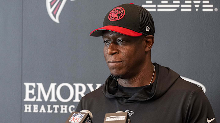 May 10, 2024; Flowery Branch, GA, USA; Atlanta Falcons head coach Raheem Morris is interviewed before the start of Rookie Minicamp at the Falcons Training Camp.   Mandatory Credit: Dale Zanine-Imagn Images
