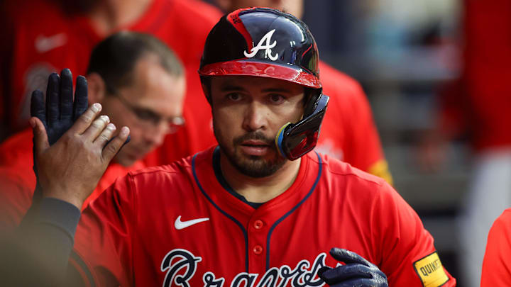 Apr 19, 2024; Atlanta, Georgia, USA; Atlanta Braves catcher Travis d'Arnaud (16) celebrates with teammates.