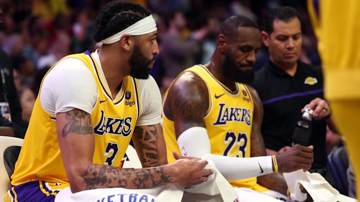 Apr 12, 2024; Memphis, Tennessee, USA; Los Angeles Lakers forward Anthony Davis (3) and forward LeBron James (23). Apr 12, 2024; Memphis, Tennessee, USA; Los Angeles Lakers forward Anthony Davis (3) and forward LeBron James (23).