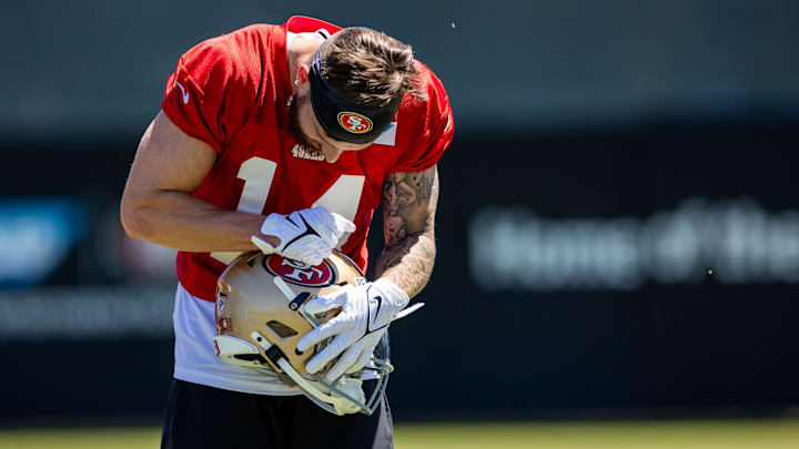 May 10, 2024; Santa Clara, CA, USA; San Francisco 49ers wide receiver Ricky Pearsall (14) polishes