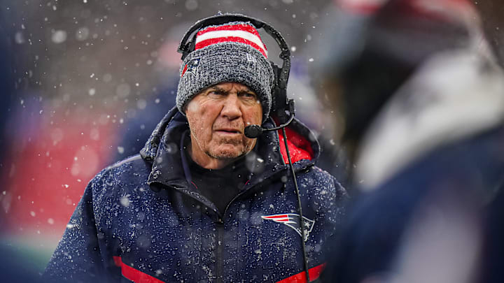Jan 7, 2024; Foxborough, Massachusetts, USA; New England Patriots head coach Bill Belichick watches from the sideline as they take on the New York Jets at Gillette Stadium. Jan 7, 2024; Foxborough, Massachusetts, USA; New England Patriots head coach Bill Belichick watches from the sideline as they take on the New York Jets at Gillette Stadium.