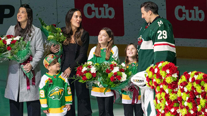 Feb 9, 2024; Saint Paul, Minnesota, USA; Minnesota Wild goaltender Marc-Andre Fleury (29) and his