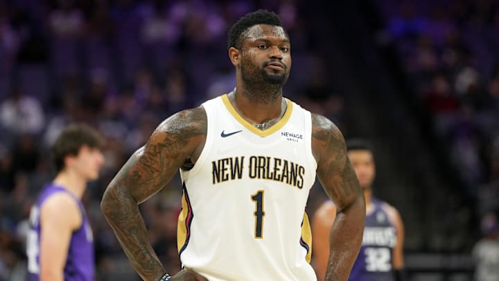 Apr 3, 2026; Sacramento, California, USA; New Orleans Pelicans forward Zion Williamson (1) during the fourth quarter against the Sacramento Kings at Golden 1 Center. Mandatory Credit: Darren Yamashita-Imagn Images