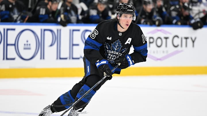 Dec 23, 2024; Toronto, Ontario, CAN;  Toronto Maple Leafs forward Mitch Marner (16) pursues the play against the Winnipeg Jets in the first period at Scotiabank Arena. Mandatory Credit: Dan Hamilton-Imagn Images