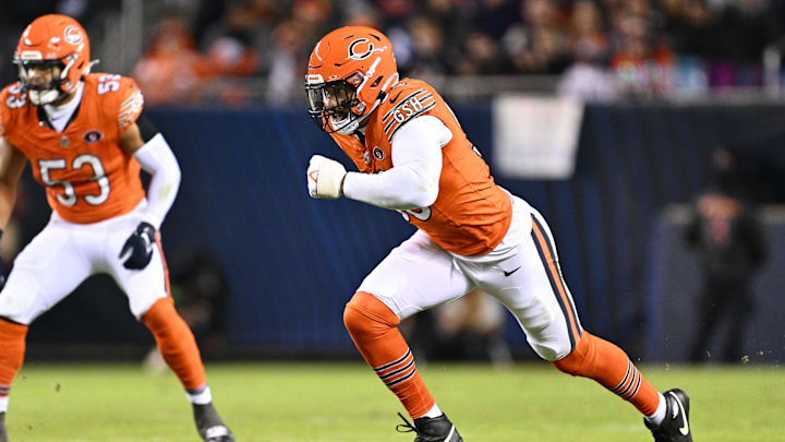 Nov 9, 2023; Chicago, Illinois, USA;  Chicago Bears defensive lineman Montez Sweat (98) rushes against the Carolina Panthers in the second half at Soldier Field. Mandatory Credit: Jamie Sabau-Imagn Images