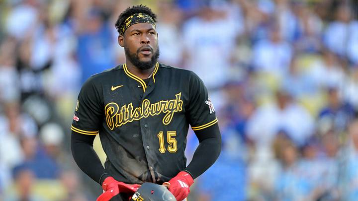 Aug 22, 2026; Los Angeles, California, USA; Pittsburgh Pirates center fielder Oneil Cruz (15) walks to the dugout after he was called out on strikes in the eighth inning against the Los Angeles Dodgers at Dodger Stadium. Mandatory Credit: Jayne Kamin-Oncea-Imagn Images