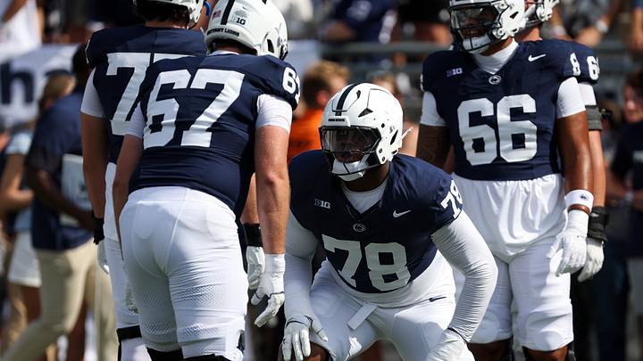 Penn State Nittany Lions offensive lineman Malachi Goodman (78) warms up prior to a 2025 game against the Villanova Wildcats at Beaver Stadium.