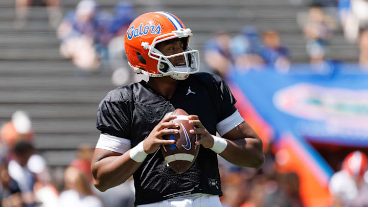 Apr 12, 2025; Gainesville, FL, USA; Florida Gators quarterback DJ Lagway (2) looks to throw before the game at Ben Hill Griffin Stadium. Mandatory Credit: Matt Pendleton-Imagn Images