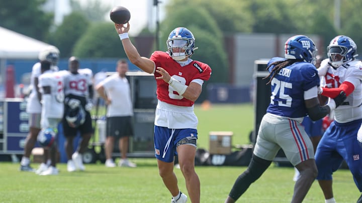 Aug 4, 2025; East Rutherford, NJ, USA; New York Giants quarterback Jaxson Dart (6) throws a pass during training camp at Quest Diagnostics Training Center.  