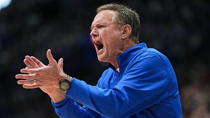 Feb 7, 2026; Lawrence, Kansas, USA; Kansas Jayhawks head coach Bill Self reacts during the second half against the Kansas Jayhawks at Allen Fieldhouse. Mandatory Credit: Jay Biggerstaff-Imagn Images