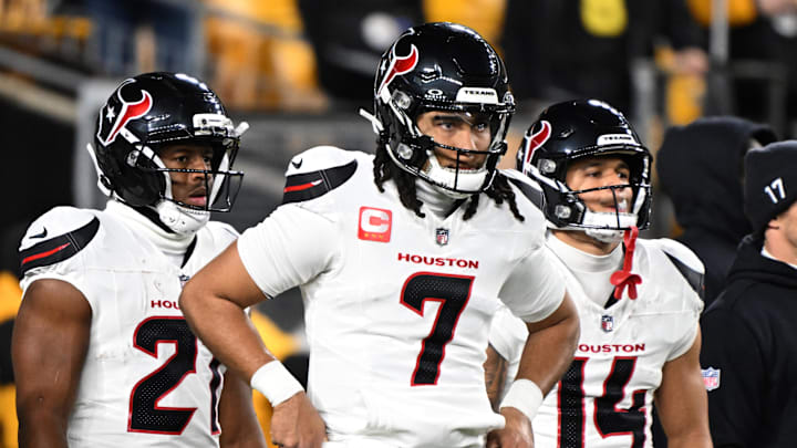 Jan 12, 2026; Pittsburgh, PA, USA; Houston Texans quarterback C.J. Stroud (7) warms up before an AFC Wild Card Round game against the Pittsburgh Steelers at Acrisure Stadium. Mandatory Credit: Barry Reeger-Imagn Images