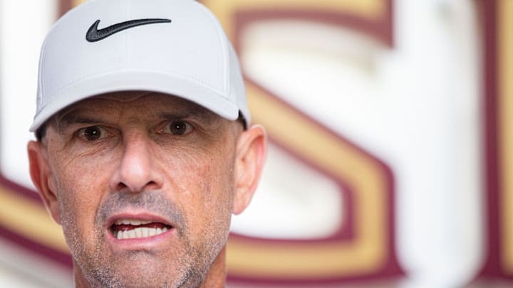 Florida State baseball coach Link Jarrett talks to the media before he and the team leaves to play in the College World Series in Omaha, Nebraska, Wednesday, June 12, 2024.