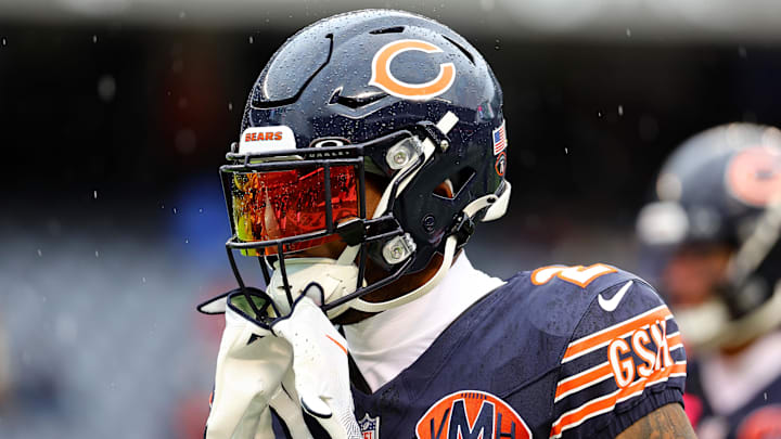Oct 19, 2025; Chicago, Illinois, USA; Chicago Bears wide receiver DJ Moore (2) practices against the New Orleans Saints before the game at Soldier Field. Mandatory Credit: Mike Dinovo-Imagn Images