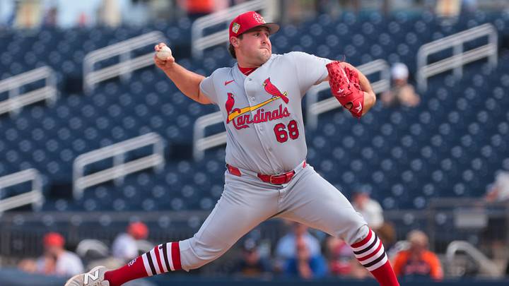 Feb 22, 2026; West Palm Beach, Florida, USA; St. Louis Cardinals relief pitcher Max Rajcic (68) delivers a pitch against the Houston Astros during the fourth inning at CACTI Park of the Palm Beaches. Mandatory Credit: Sam Navarro-Imagn Images Feb 22, 2026; West Palm Beach, Florida, USA; St. Louis Cardinals relief pitcher Max Rajcic (68) delivers a pitch against the Houston Astros during the fourth inning at CACTI Park of the Palm Beaches. Mandatory Credit: Sam Navarro-Imagn Images