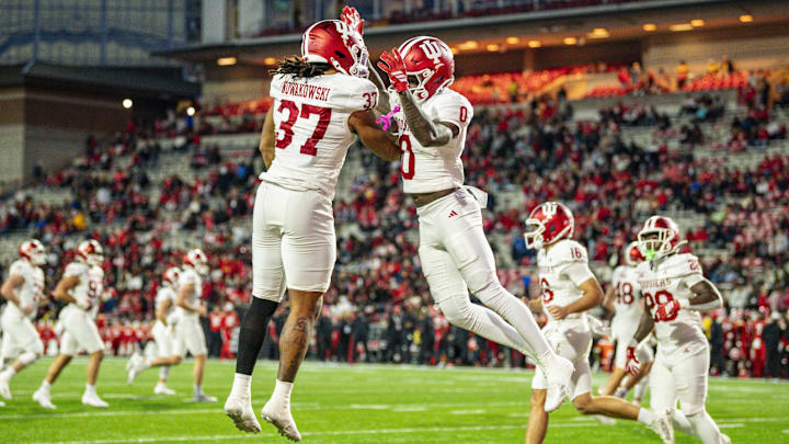 Indiana's Jonathan Brady (0) celebrates with Riley Nowakowski (37) after scoring Nov. 1, 2025, vs. Maryland at SECU Stadium. Indiana's Jonathan Brady (0) celebrates with Riley Nowakowski (37) after scoring Nov. 1, 2025, vs. Maryland at SECU Stadium.