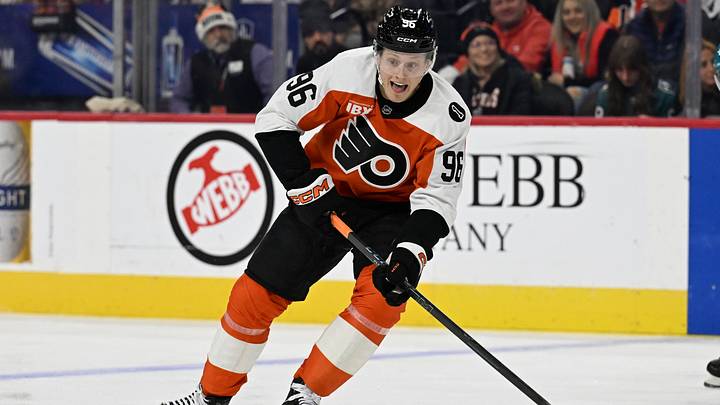 Dec 9, 2025; Philadelphia, Pennsylvania, USA; Philadelphia Flyers defenseman Ty Murchison (96) against the San Jose Sharks at Xfinity Mobile Arena.