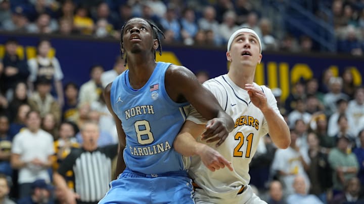 North Carolina forward Caleb Wilson (8) battles for position against Cal's Nolan Dorsey during the Bears' January 17 win over the Tar Heels