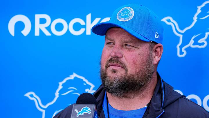 Detroit Lions offensive line coach Hank Fraley speaks during mini camp at Meijer Performance Center in Allen Park on Tuesday, June 16, 2026.