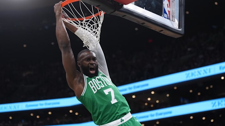 Mar 18, 2026; Boston, Massachusetts, USA; Boston Celtics guard Jaylen Brown (7) makes the basket against the Golden State Warriors  in the first quarter at TD Garden. Mandatory Credit: David Butler II-Imagn Images