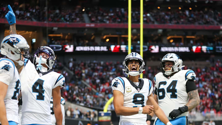 Nov 16, 2025; Atlanta, Georgia, USA; Carolina Panthers quarterback Bryce Young (9) reacts to a touchdown in the fourth quarter against the Atlanta Falcons at Mercedes-Benz Stadium. Mandatory Credit: Brett Davis-Imagn Images Nov 16, 2025; Atlanta, Georgia, USA; Carolina Panthers quarterback Bryce Young (9) reacts to a touchdown in the fourth quarter against the Atlanta Falcons at Mercedes-Benz Stadium. Mandatory Credit: Brett Davis-Imagn Images