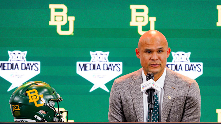 Jul 8, 2025; Frisco, TX, USA; Baylor head coach Dave Aranda addresses the media during 2025 Big 12 Football Media Days at The Star.