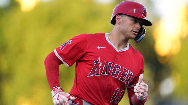 May 21, 2025; West Sacramento, California, USA; Los Angeles Angels catcher Logan O'Hoppe (14) rounds third base after hitting a home run against the Athletics in the second inning at Sutter Health Park. Mandatory Credit: Cary Edmondson-Imagn Images