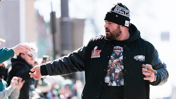 Feb 14, 2025; Philadelphia, PA, USA; Philadelphia Eagles guard Landon Dickerson (69) celebrates during the Super Bowl LIX championship parade and rally. Mandatory Credit: Caean Couto-Imagn Images Feb 14, 2025; Philadelphia, PA, USA; Philadelphia Eagles guard Landon Dickerson (69) celebrates during the Super Bowl LIX championship parade and rally. Mandatory Credit: Caean Couto-Imagn Images
