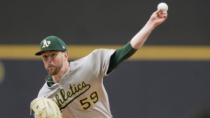 Oakland Athletics pitcher Jeffrey Springs (59) throws during the first inning of their game against the Milwaukee Brewers Sunday, April 20, 2025 at American Family Field in Milwaukee, Wisconsin.