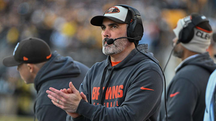 Dec 8, 2024; Pittsburgh, Pennsylvania, USA; Cleveland Browns head coach Kevin Stefanski reacts against the Pittsburgh Steelers during the fourth quarter at Acrisure Stadium. Mandatory Credit: Barry Reeger-Imagn Images