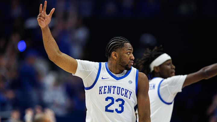 Mar 7, 2026; Lexington, Kentucky, USA; Kentucky Wildcats forward Mouhamed Dioubate (23) celebrates a three pointer basket against the Florida Gators at Rupp Arena at Central Bank Center. Mandatory Credit: Jordan Prather-Imagn Images