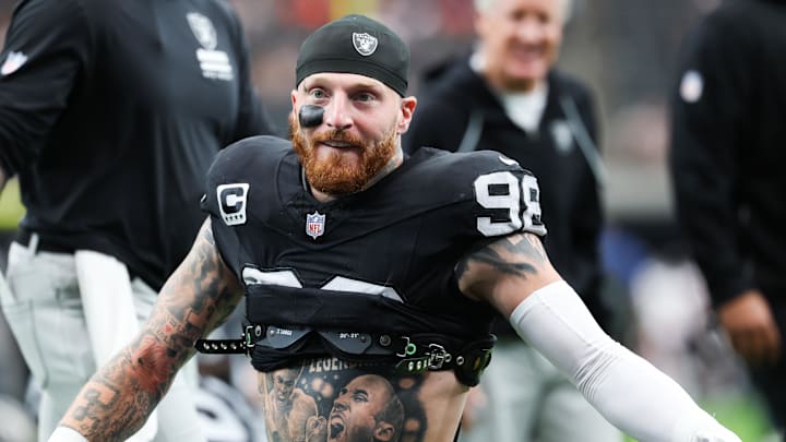 Sep 28, 2025; Paradise, Nevada, USA; Las Vegas Raiders defensive end Maxx Crosby (98) warms up prior to the game against the Chicago Bears at Allegiant Stadium. Mandatory Credit: Kiyoshi Mio-Imagn Images