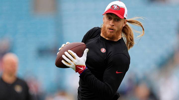 San Francisco 49ers tight end George Kittle (85) catches a pass before an NFL football game Sunday, Nov. 12, 2023 at EverBank Stadium in Jacksonville, Fla. [Corey Perrine/Florida Times-Union]